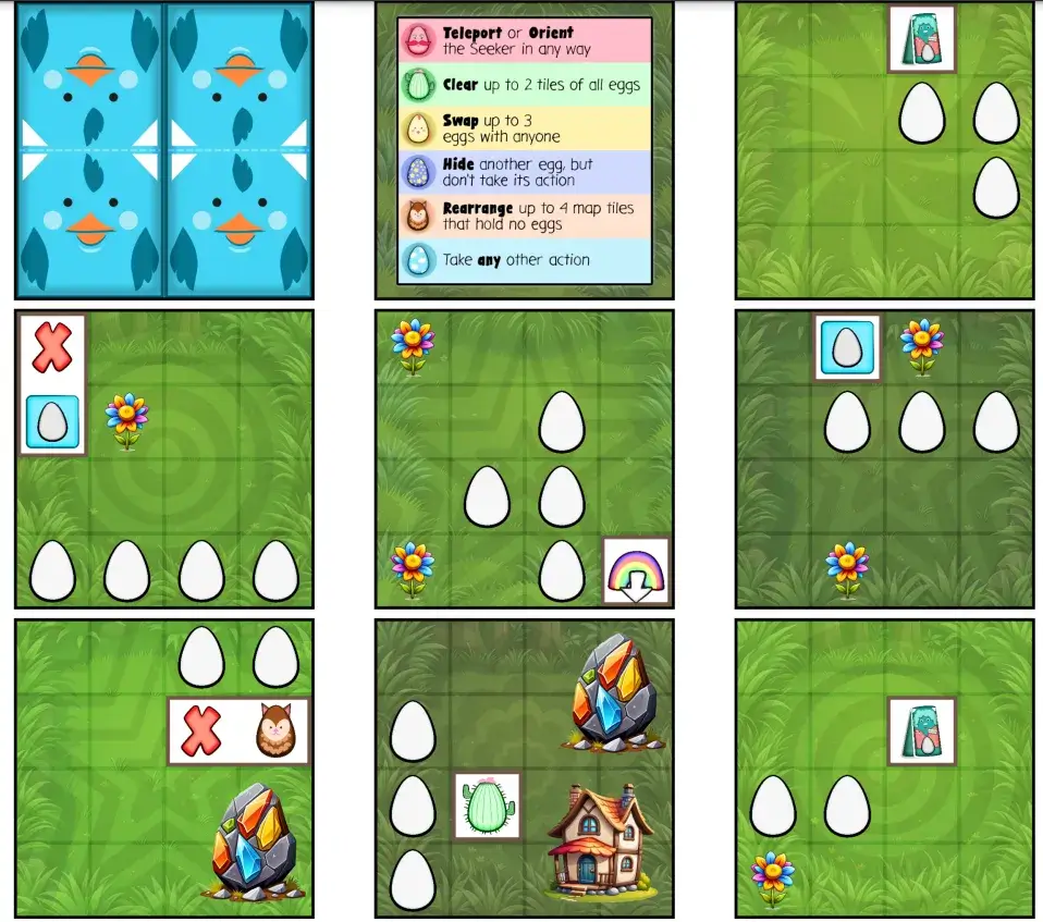 The starter tile reminding you of egg actions + the general tiles.