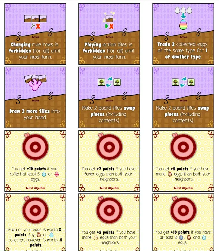 Some examples of action tiles and secret objective tiles (both expansions).