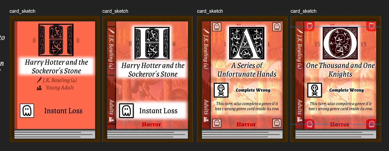 The first few sketches from left to right, improving the look.