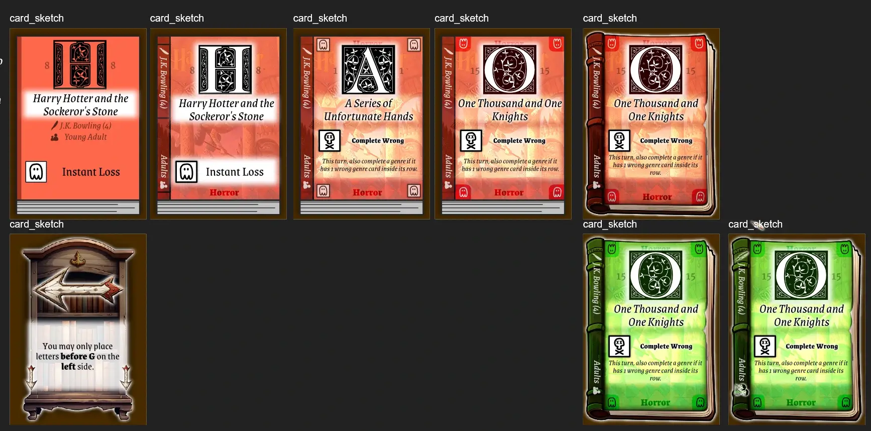 Mostly notice the book shelf on the bottom left, and the newer illustrated cards on the right.