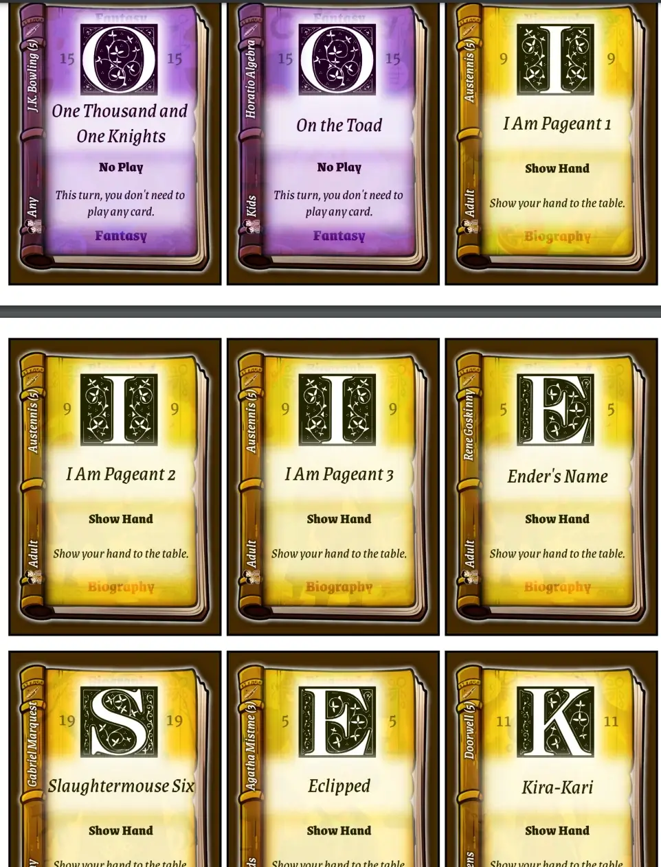 Two of the six possible genre cards.