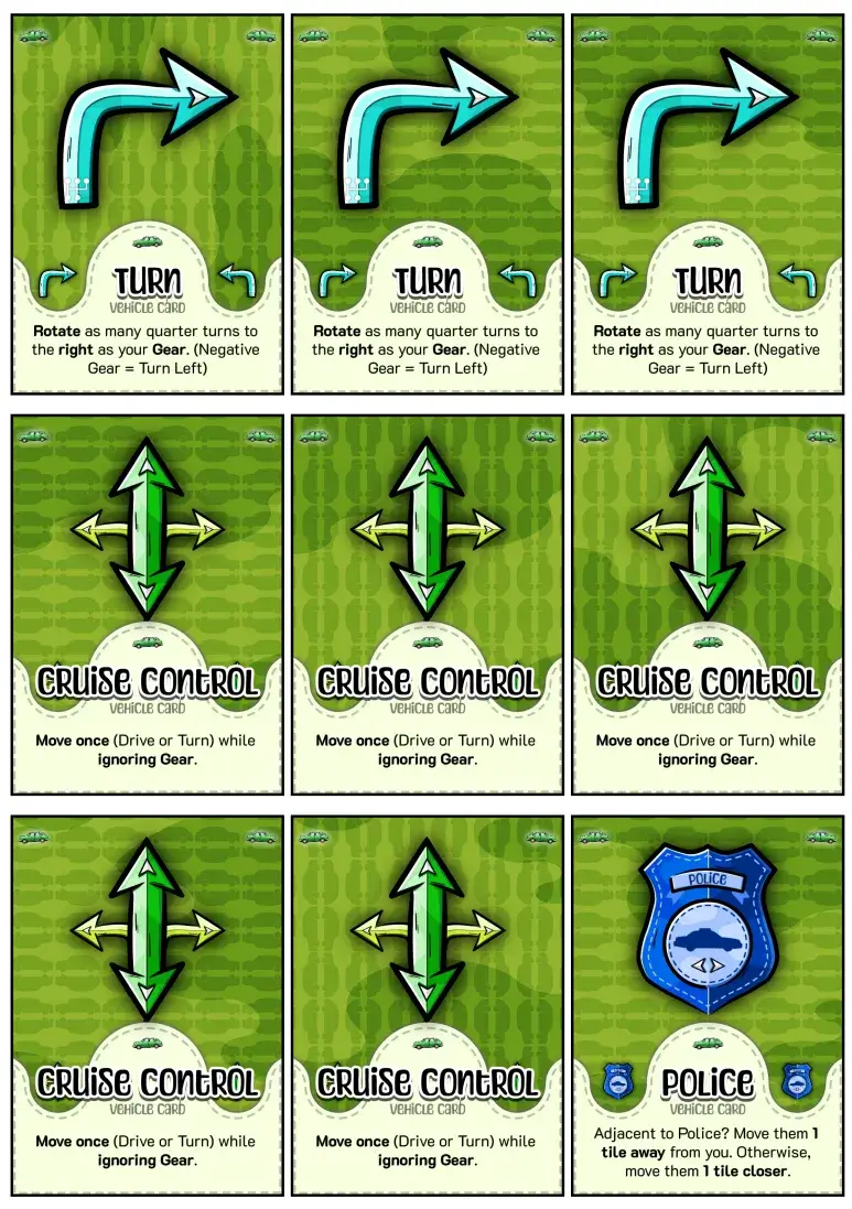 Three possible &ldquo;vehicle cards&rdquo; in one image. (Though police moved to expansion, I just really like the icon I drew for it.)