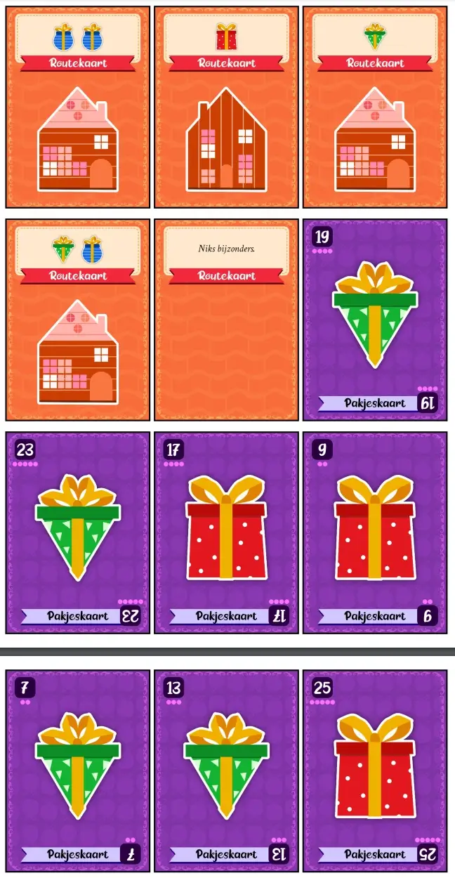 Een screenshot van de uiteindelijke PDF met materiaal. Merk de kleine verschillen op, zoals de stipjes die helpen volgorde van kaarten sneller te herkennen.