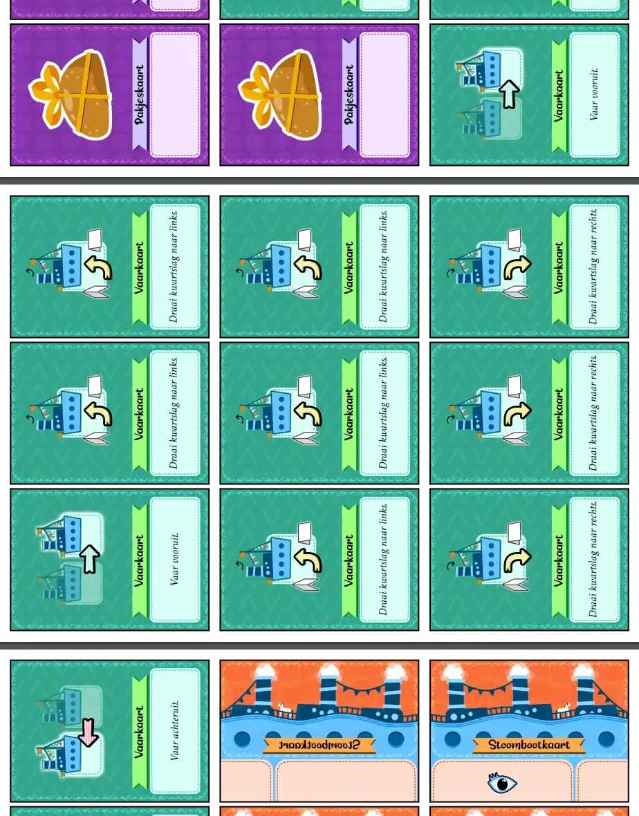 Een screenshot van de uiteindelijke PDF met materiaal. Ik heb hem schuin gezet in een poging zoveel mogelijk verschillende kaartsoorten in één plaatje te vatten.