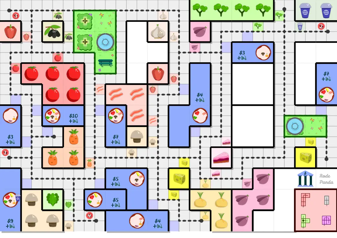 Example game board (seed “Rode Panda”, name of my own company in the Netherlands)