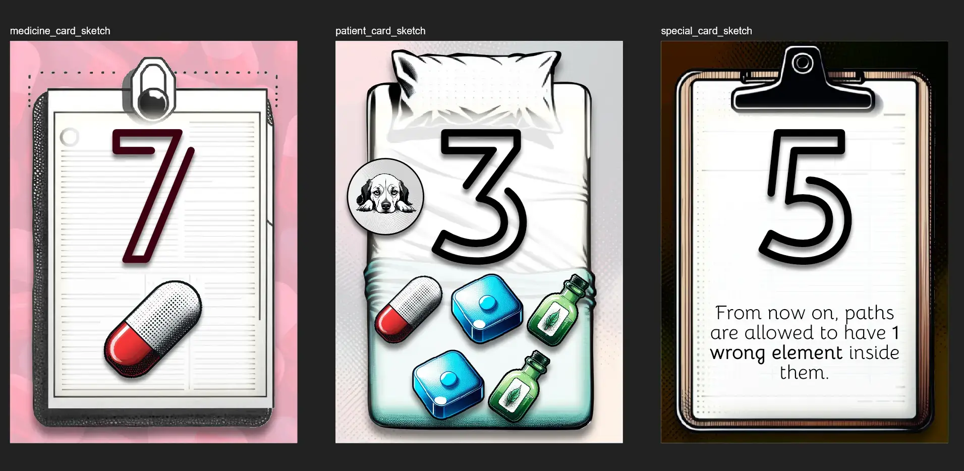 Initial sketches for the card desig for all major card types.