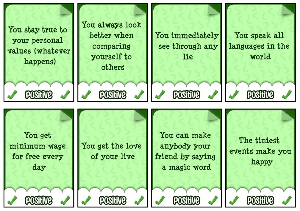 A screenshot of some positive cards from the final material (base pack).