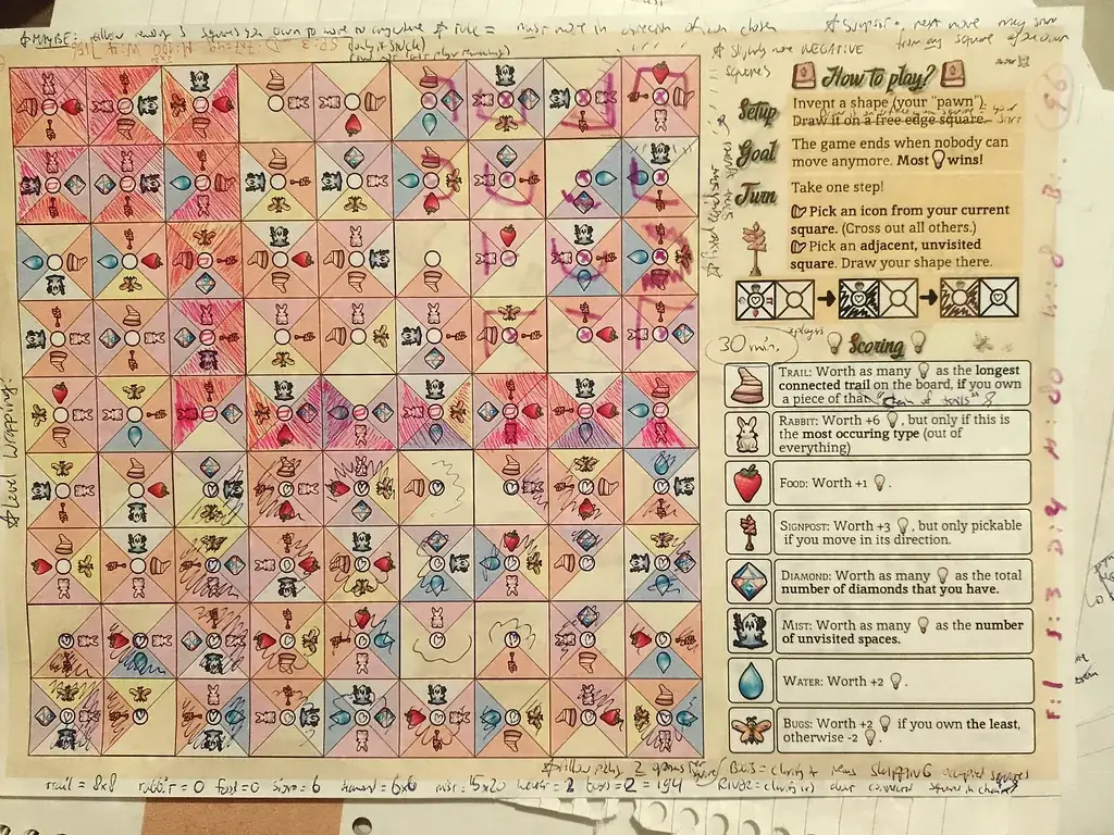 There were 3 players. All the notes scribbled around were my own ideas, feedback, potential solutions, etcetera written after the game.