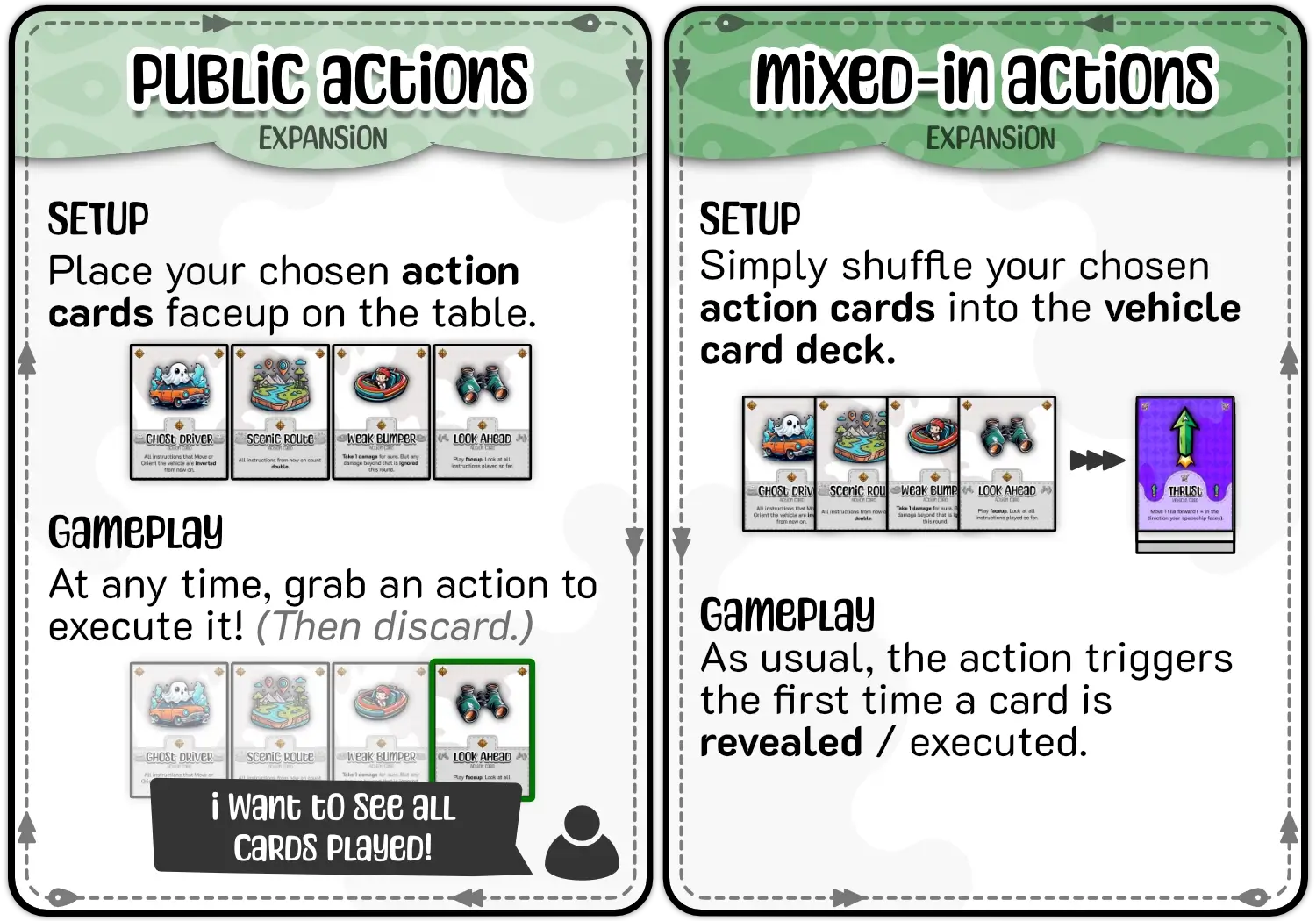 Example of what Action Cards look like and the two different ways in which you can use them in a game.