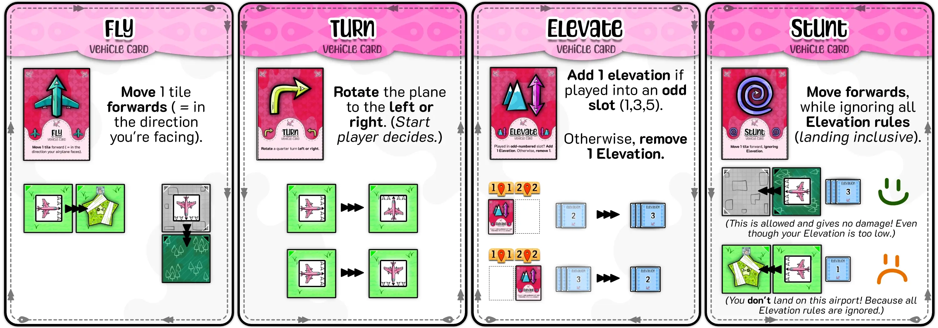 Examples of the 4 basic vehicle cards in the game, as well as elevation extremes being bad.