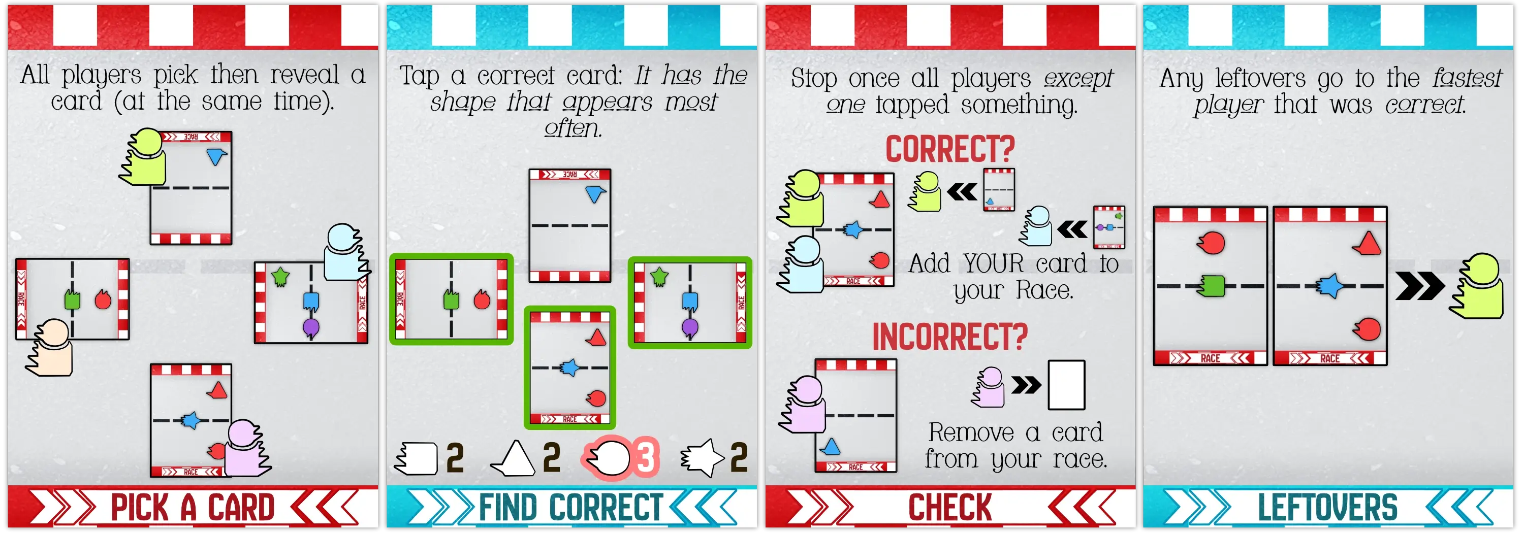 Example of how to play a round: play cards, tap the correct one, resolve who gets what.