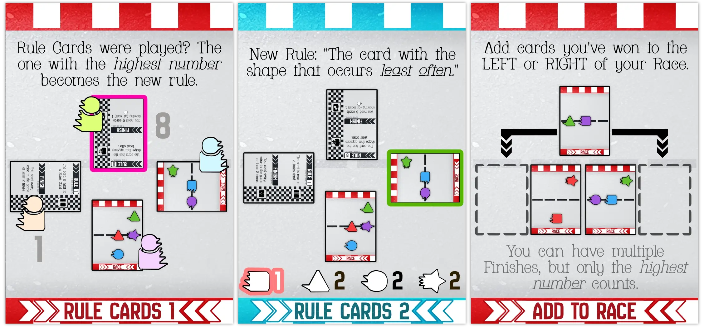 Example of how to handle Rule Cards and finishing a round (by adding won cards to your Race).