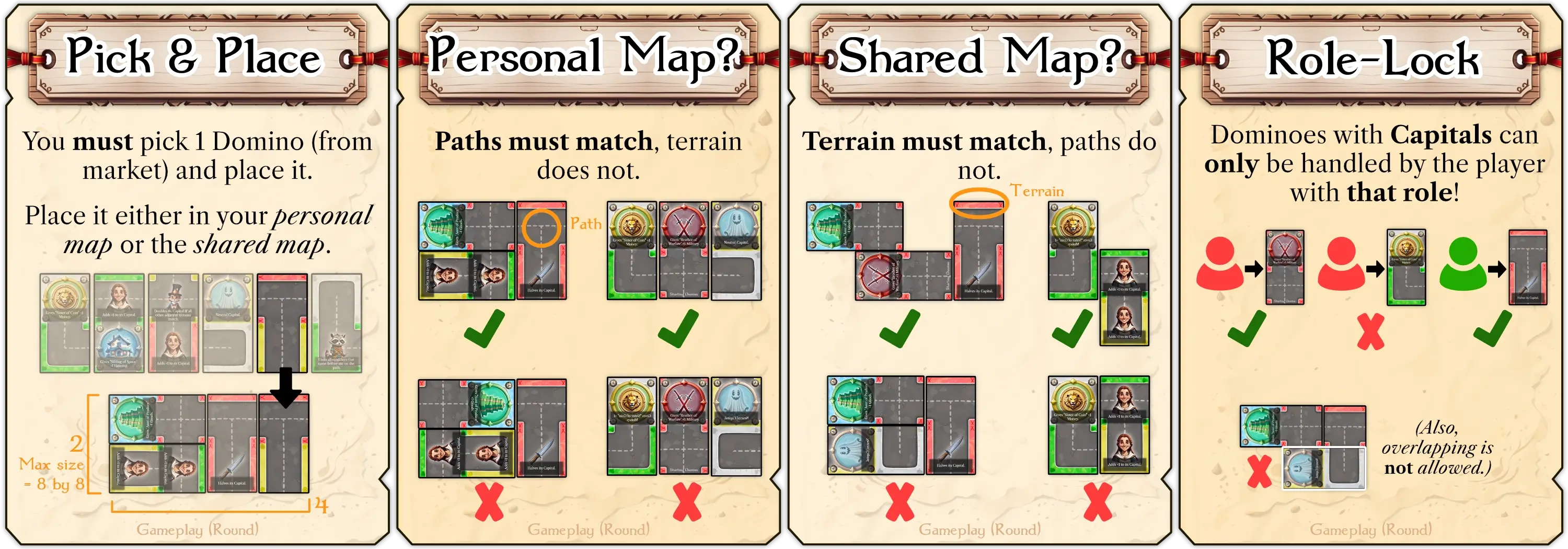 Examples of the CLAIM step of a round: valid placements and domino handling per player.