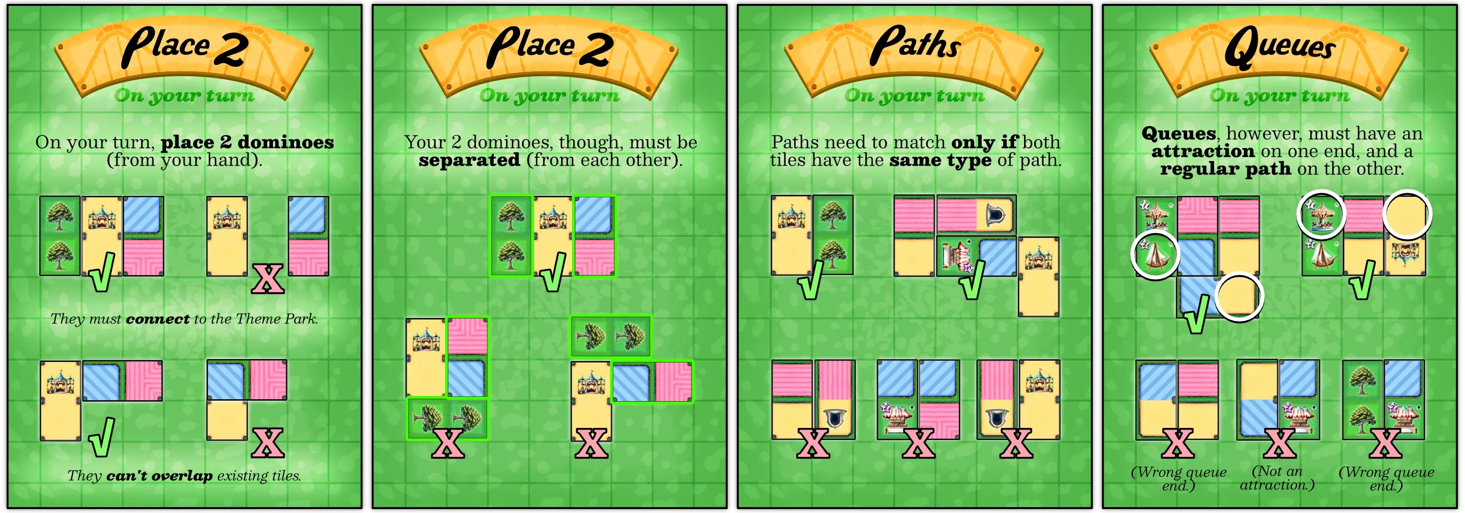 Example of how to do your turn: play 2 dominoes, separated, following path matching rules.