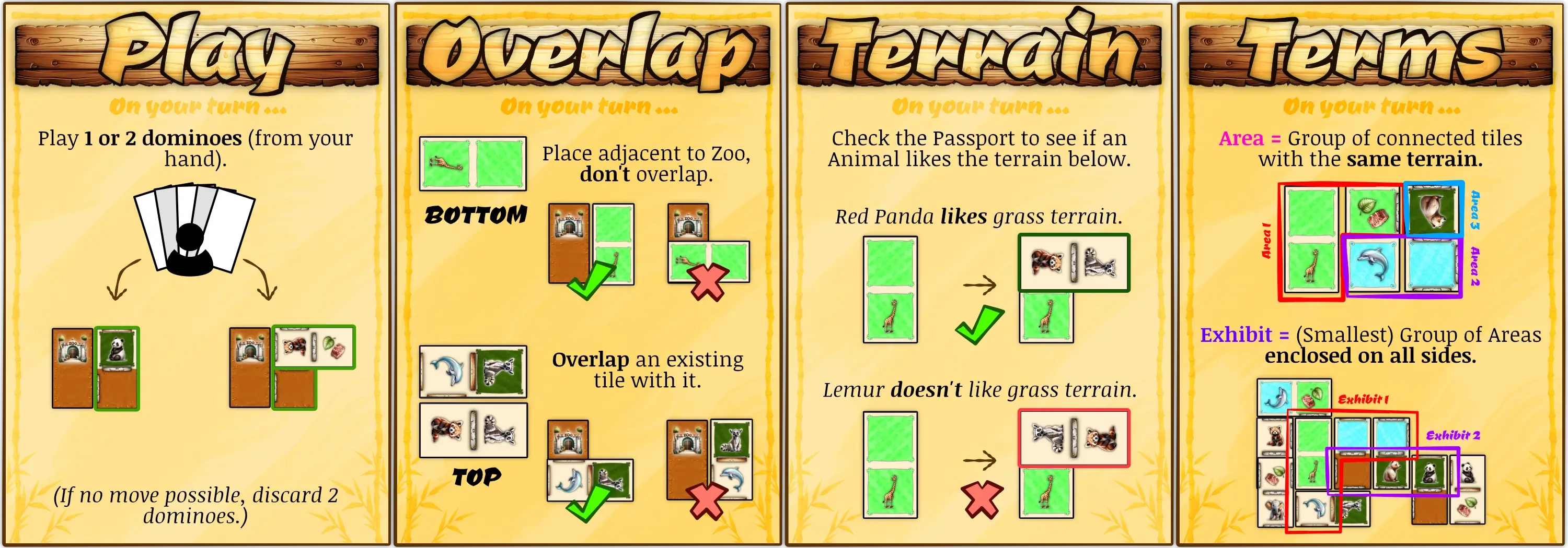 Example of how to play (valid) dominoes on your turn: 1 or 2, top or bottom, put animals on preferred terrain.