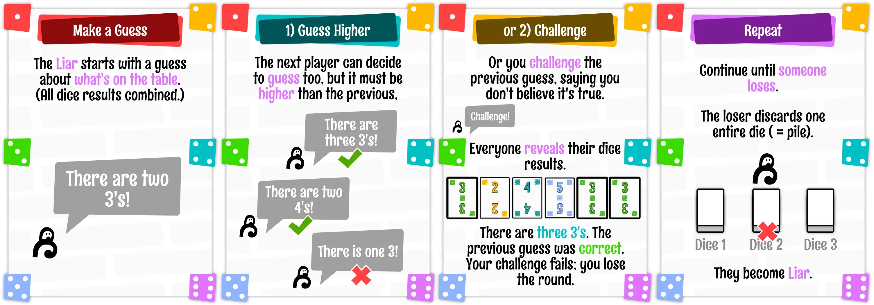 Example of guessing (higher) in turn until someone challenges and someone loses.