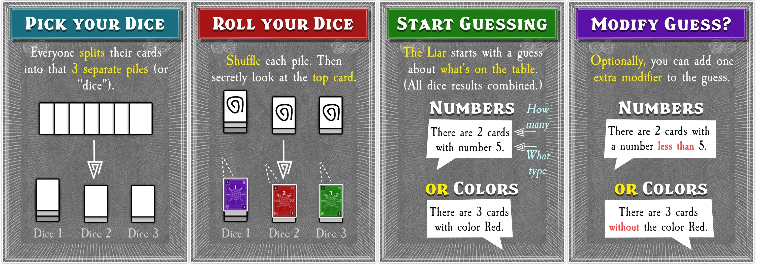 Example of how to create dice, roll, and then formulate a guess about what's on the table.