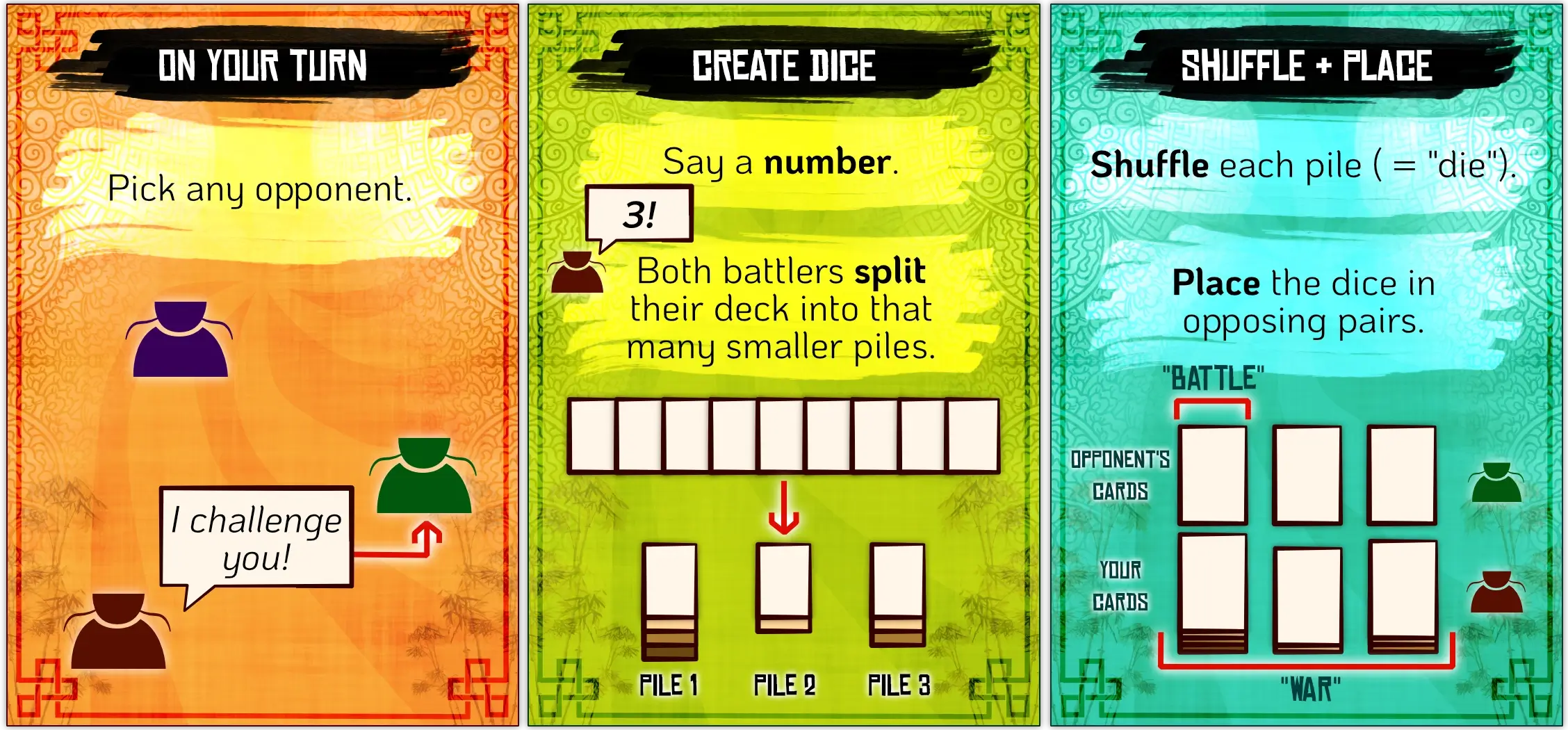 Example of how to prepare for war; say a number, break your deck into that many piles, shuffle.